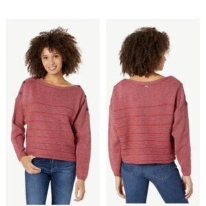 Prana Phono Sweater Brick Red Pink Striped Wool Button Cropped Oversized Med M